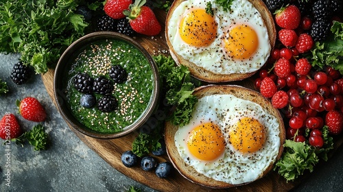 Delicious breakfast spread featuring eggs, berries, and a green smoothie on a rustic table