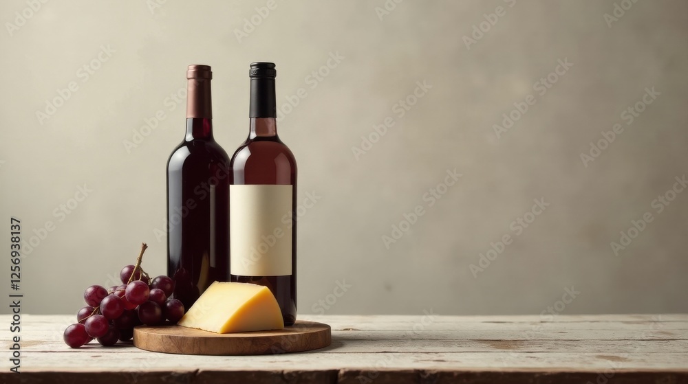 Naklejka premium Still life arrangement featuring two wine bottles with blank labels, a wedge of cheese, and a bunch of red grapes, all elegantly displayed on a rustic wooden board against a neutral backdrop.