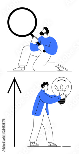 Characters using a magnifying glass and a light bulb while interacting with an upward arrow. Ideal for innovation, analysis, creativity, research, progress, business strategy, education themes. Line