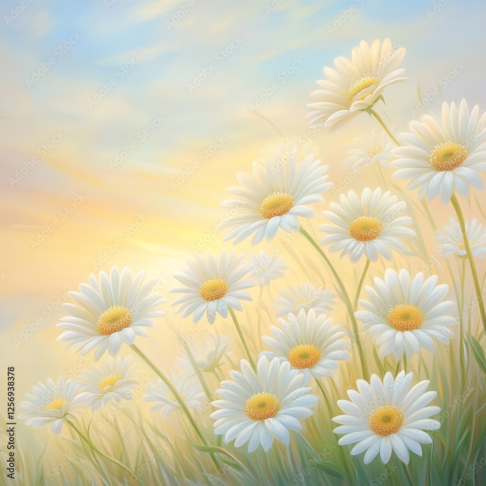 Fototapeta premium Bright Daisy Flowers Under Soft Sunrise Sky in Pastel Colors