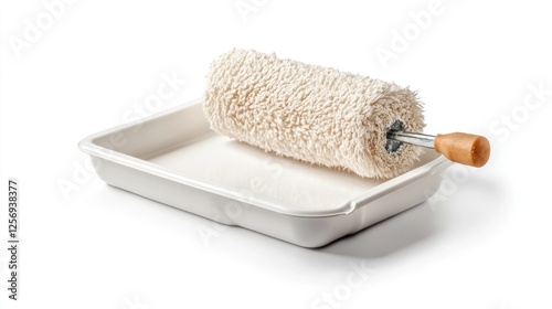 Paint roller in tray, ready for use, on white background. Possible use For interior or exterior wall painting photo