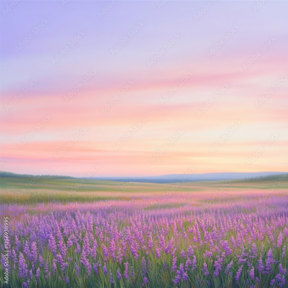Fototapeta premium Tranquil Lavender Field Under a Soft Sunset Sky in Nature