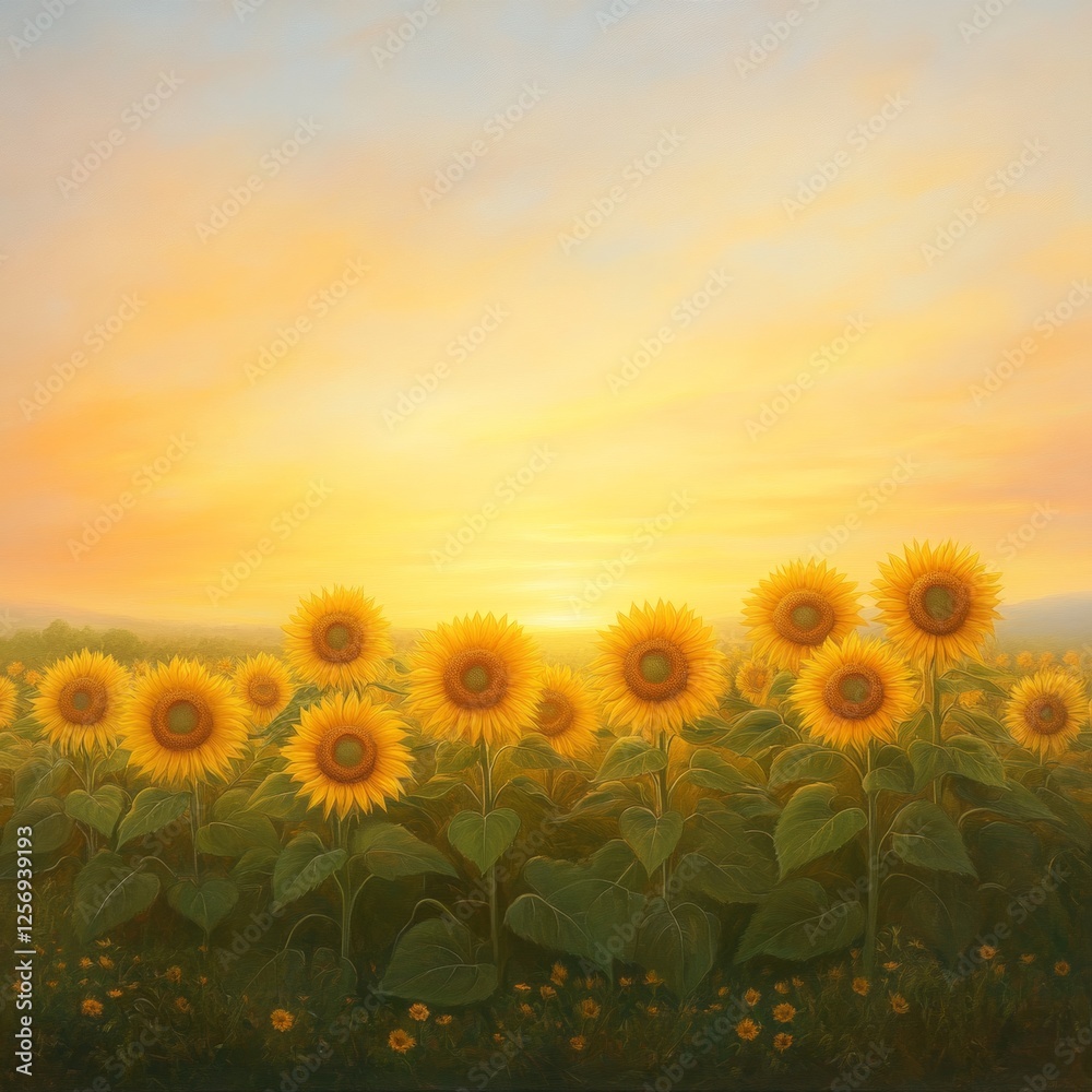Obraz premium Radiant Sunflower Field at Sunrise with Soft Warm Horizons