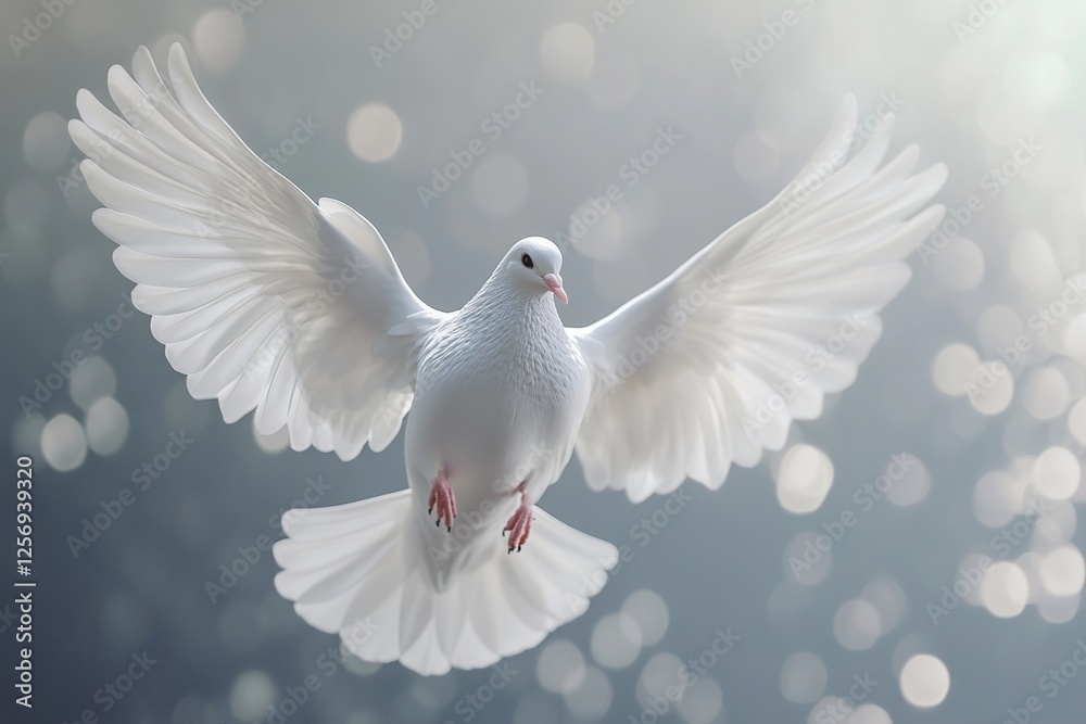 Fototapeta premium White Dove in Flight: Grace, Peace, and Symbolism of Hope Soaring Through Air
