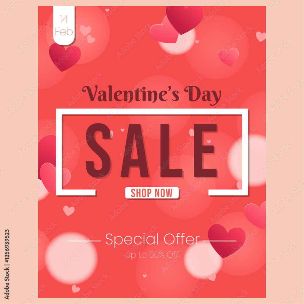 Valentine day sale flat design poster, post, banner, with red bokeh background and heart. Shop now button and special offer.