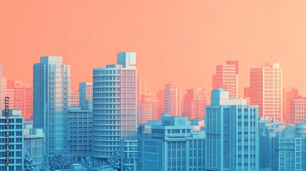 Obraz premium Abstract Cityscape With Coral Sky