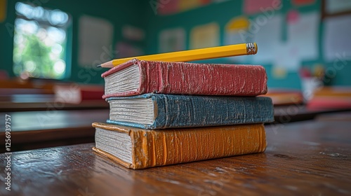 Stacked vintage books with a yellow pencil on a wooden table in a vibrant classroom setting