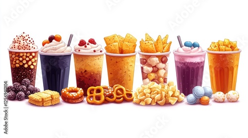 Colorful assortment of desserts and snacks in cups with various toppings and textures