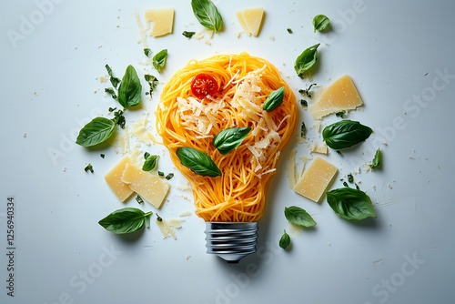 A visually stunning light bulb shape arranged with spaghetti strands, parmesan shavings, and basil leaves, symbolizing a brilliant Italian cuisine idea