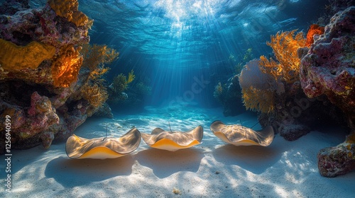 Underwater scene showcasing three majestic rays gliding over sandy ocean floor amidst vibrant coral