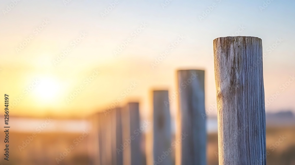 Fototapeta premium Sunset view over wooden posts creating a tranquil and calming atmosphere outdoors : Generative AI