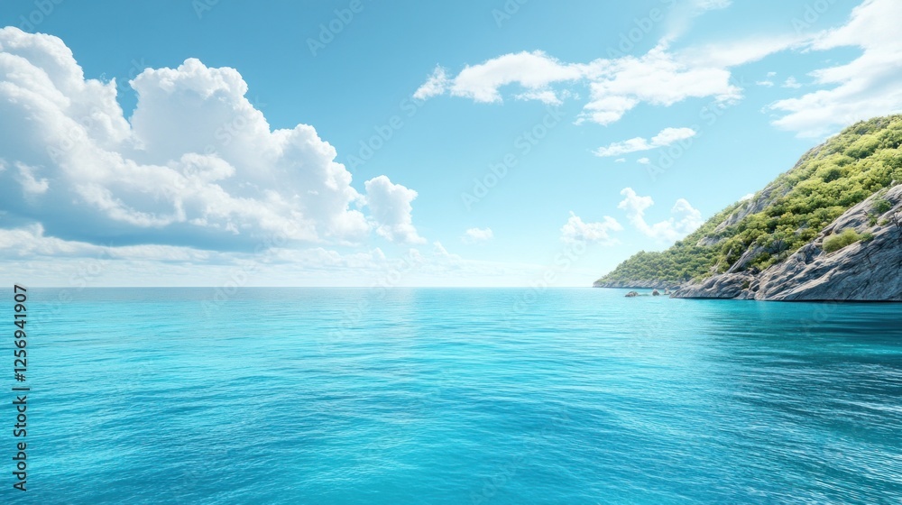 Fototapeta premium Ocean view, sunny coast, green cliffs, blue sky, summer travel