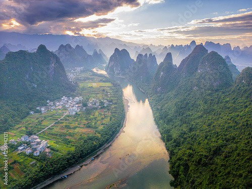 Panoramic sunrise over the Karst mountain of Xianggong Mountain, Guilin, Guangxi, China