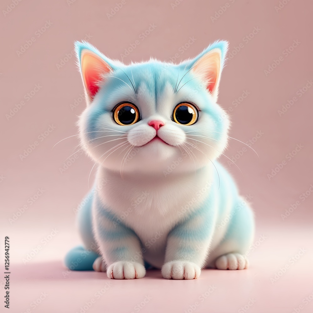 Obraz premium Cute Adorable Pastel Blue Colored Kitten in Plastic Shiny Style with Warm Lighting and Gentle Soft Pink Background Plastic Shiny Style and Gentle Blue Background. The Kitten is a Plastic Shiny Style