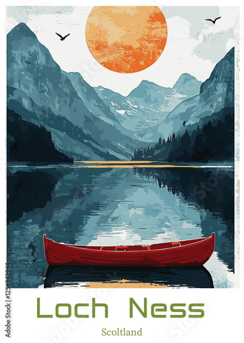 Loch Ness, Scotland Landscape Vector Illustration with Red Boat, Mountain, and Sun.