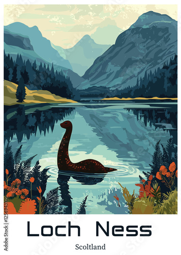 Loch Ness Monster Vector Illustration, Scotland Landscape.