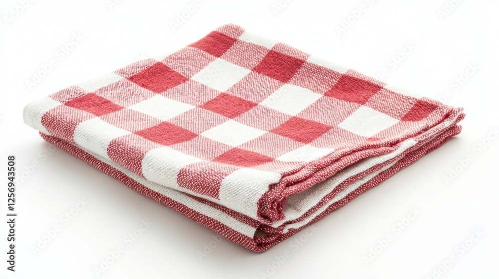 Folded red and white checkered tablecloth on white background. Use Stock photo for food, cooking, or table setting Folded red and white checkered tablecloth on white background. Use Stock photo for food, cooking, or table setting
