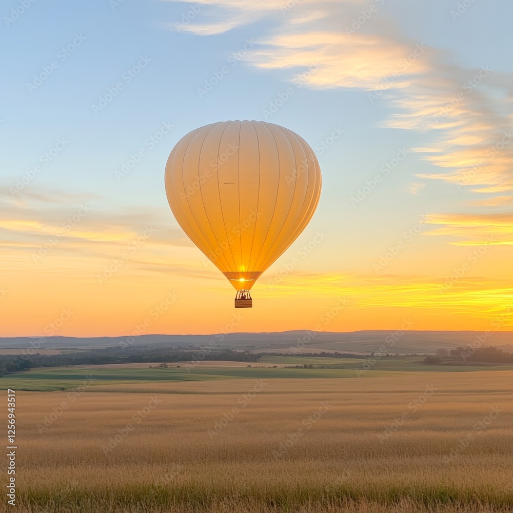 Obraz premium Serene Hot Air Balloon Over Vast Golden Fields at Sunset