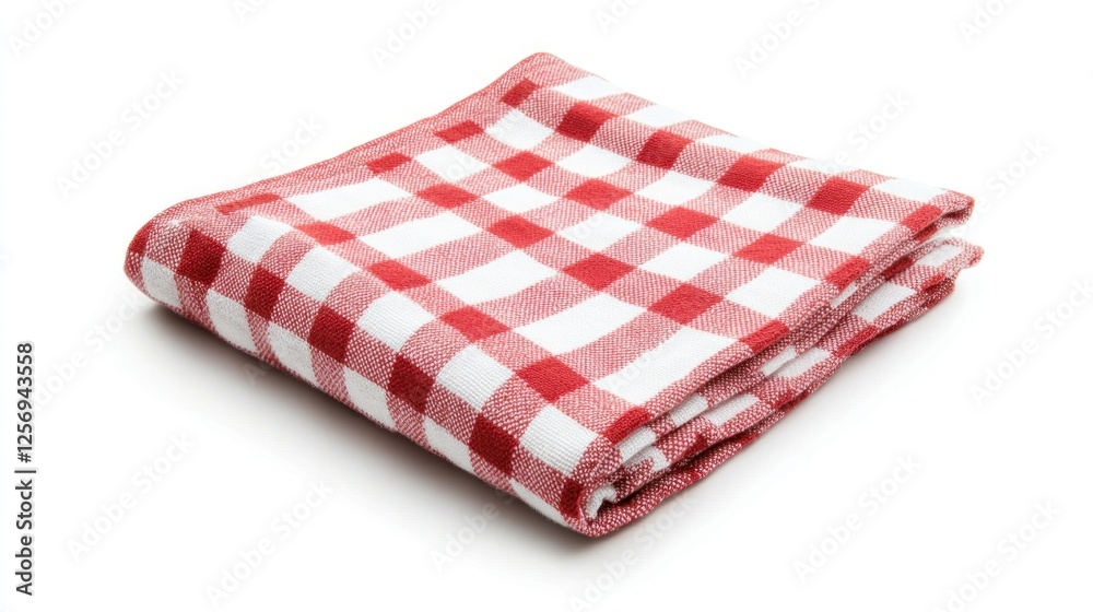 Folded red and white checkered tablecloth on white background. Use for kitchen, dining, or table decor Folded red and white checkered tablecloth on white background. Use for kitchen, dining, or table decor