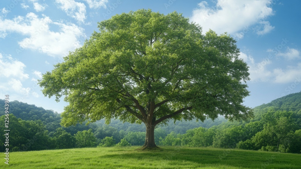 Obraz premium Majestic Green Tree on Hill with Blue Sky and White Clouds