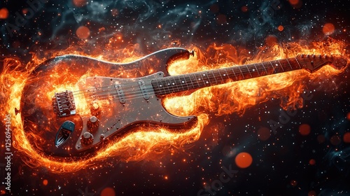 Electric guitar engulfed in flames, set against a cosmic background with vibrant colors