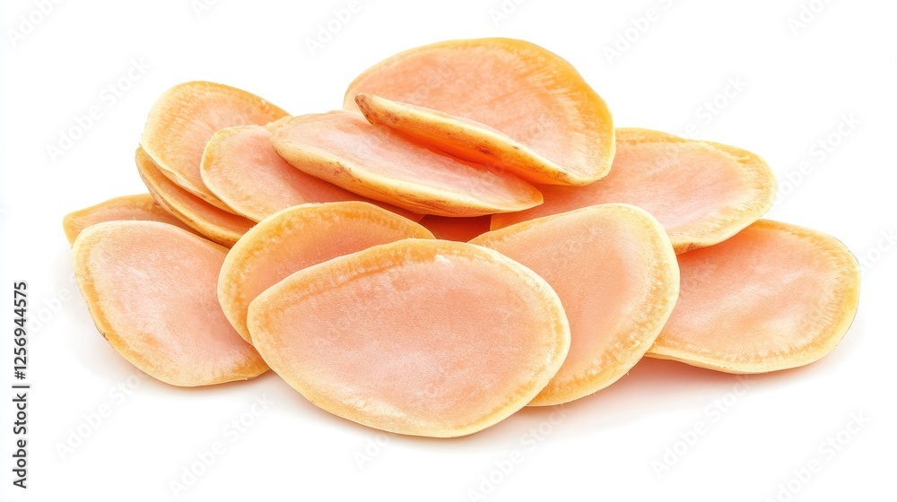 A vibrant pile of sliced, fresh peach-colored fruit arranged neatly on a white background A vibrant pile of sliced, fresh peach-colored fruit arranged neatly on a white background