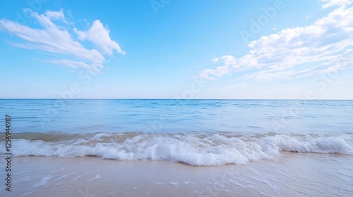 Serene beachfront view showcasing gentle waves on a clear sky day with sunlight reflections : Generative AI