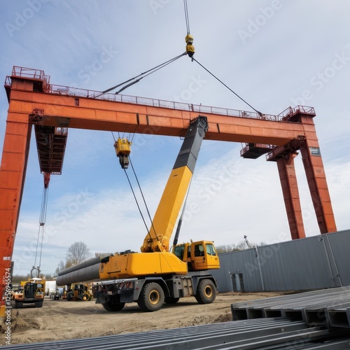  A powerful yellow crane operates beneath a towering gantry in a busy construction yard