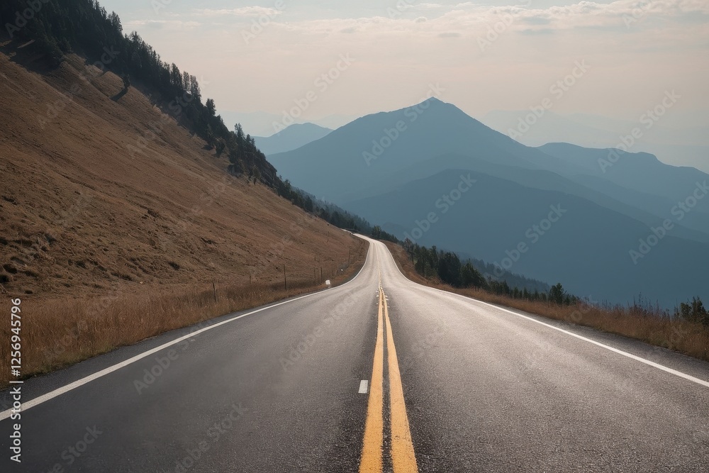 Fototapeta premium a winding road leads into the serene mountain landscape