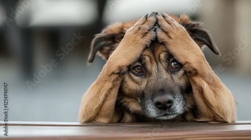 A worried dog with its paws on its head expressing confusion or distress in a playful manner : Generative AI