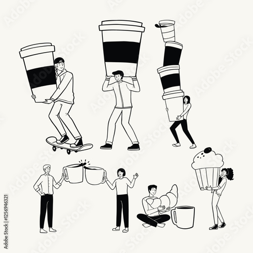 A collection of fun and trendy illustrations featuring young men and women with oversized coffee cups, breakfast pastries, and takeaway beverages, creating a stylish and playful cafe-inspired theme.