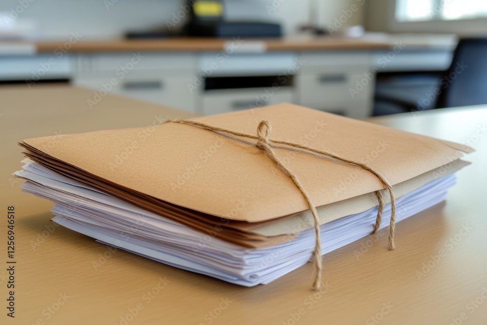 Fototapeta premium Stack of Document Folders Tied with Twine on a Wooden Table