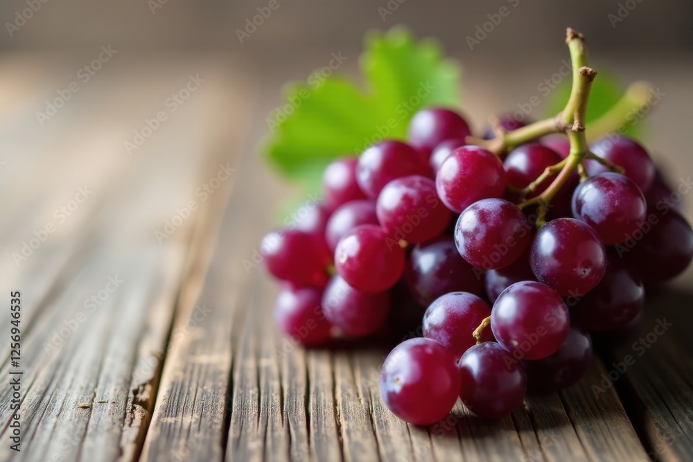 A cluster of ripe red grapes rests on a rustic wooden surface, showcasing their vibrant color and natural sweetness.