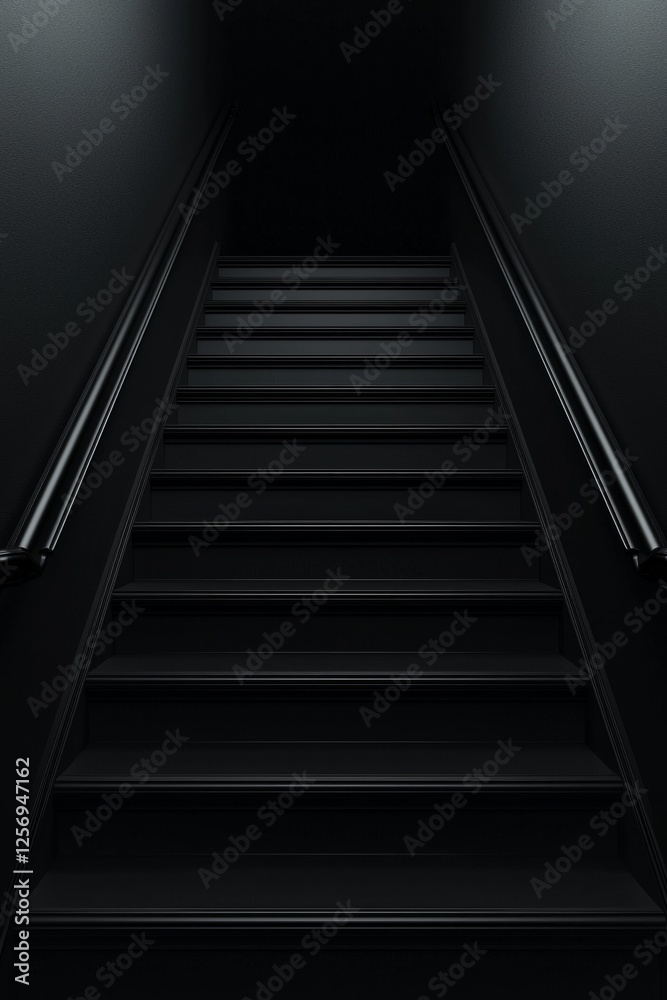 A black staircase with a handrail, a minimalistic dark background, a low angle, a front view, a symmetrical composition, soft lighting, and hyperrealism. A black staircase with a handrail, a minimalistic dark background, a low angle, a front view, a symmetrical composition, soft lighting, and hyperrealism.