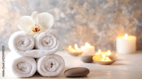 Serene Spa Setting Featuring White Towels and Elegant Orchid with Warm Candles in Background : Generative AI