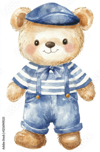 A cute watercolor baby bear in a sailor outfit, wearing blue pants and a striped shirt, on a white background. This minimalistic yet charming clip art is perfect for stickers, nursery decor, and digit