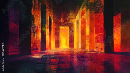 An abstract depiction of ancient temples glowing with vibrant spiritual textures