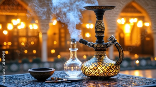 Ornate hookah smoking in a Moroccan courtyard at night photo