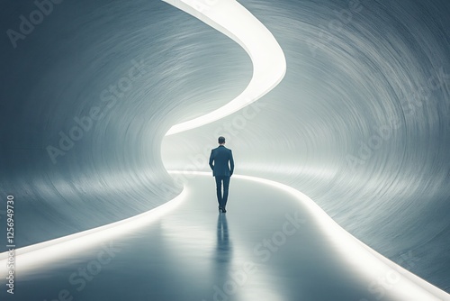 A lone businessman walks down a futuristic, illuminated tunnel, symbolizing progress and the unknown future ahead.