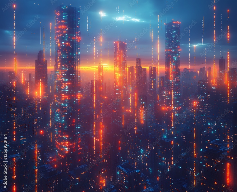 Naklejka premium Cyberpunk Cityscape: Neon Sunset