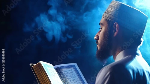 A muslim man wearing a white shirt and a black hat is reading Quran. Quran is open to a page with a man's face on it. The man is looking at the page with a serious expression