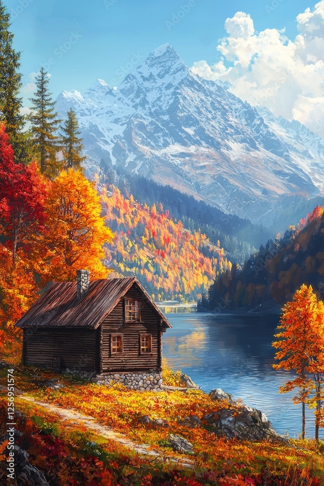 A beautiful autumn landscape with mountains, forests, and an old wooden house by the lake. The colors of fall in all their glory. Oil painting style A beautiful autumn landscape with mountains, forests, and an old wooden house by the lake. The colors of fall in all their glory. Oil painting style