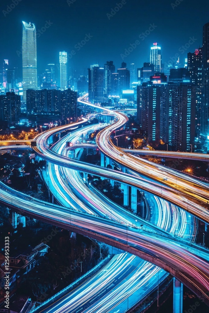 Obraz premium A cityscape at night, illuminated by neon lights and skyscrapers with busy streets below. A futuristic highway winds through the urban landscape, showcasing advanced technology
