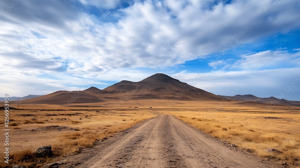 Vast dry landscape with path leading to distant mountains under wide blue sky : Generative AI Vast dry landscape with path leading to distant mountains under wide blue sky : Generative AI