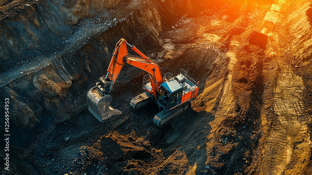 Excavation workers use a large drilling machine to dig into the earth, symbolizing progress, construction, and industry in a modern setting with a blurred background and empty space for text