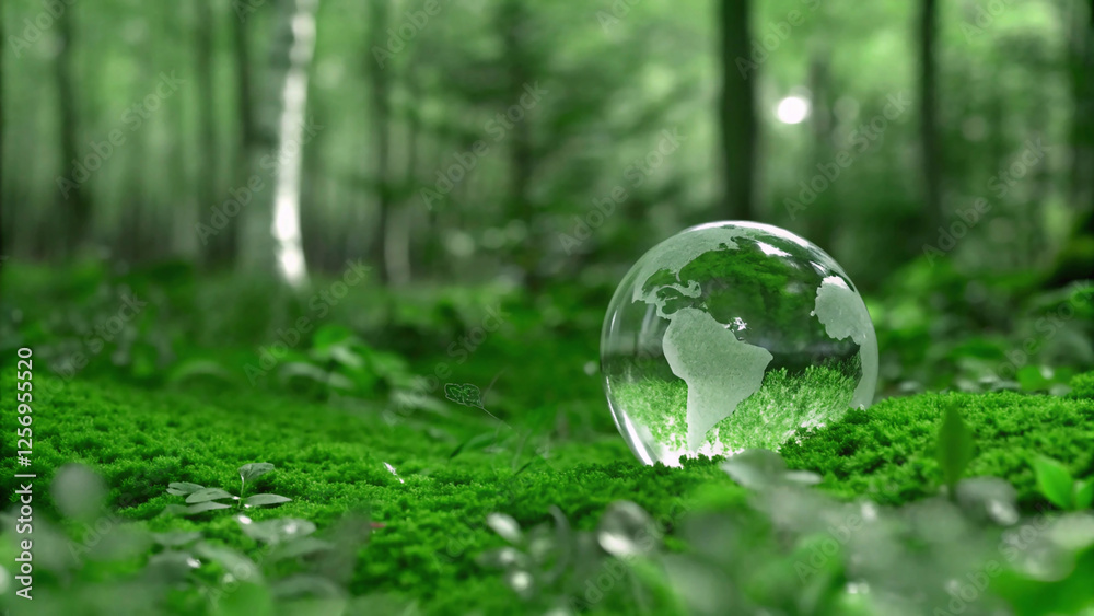 A crystal globe resting on a bed of vibrant green moss in a tranquil forest symbolizes the importance of protecting our planet and promoting sustainability. A crystal globe resting on a bed of vibrant green moss in a tranquil forest symbolizes the importance of protecting our planet and promoting sustainability.