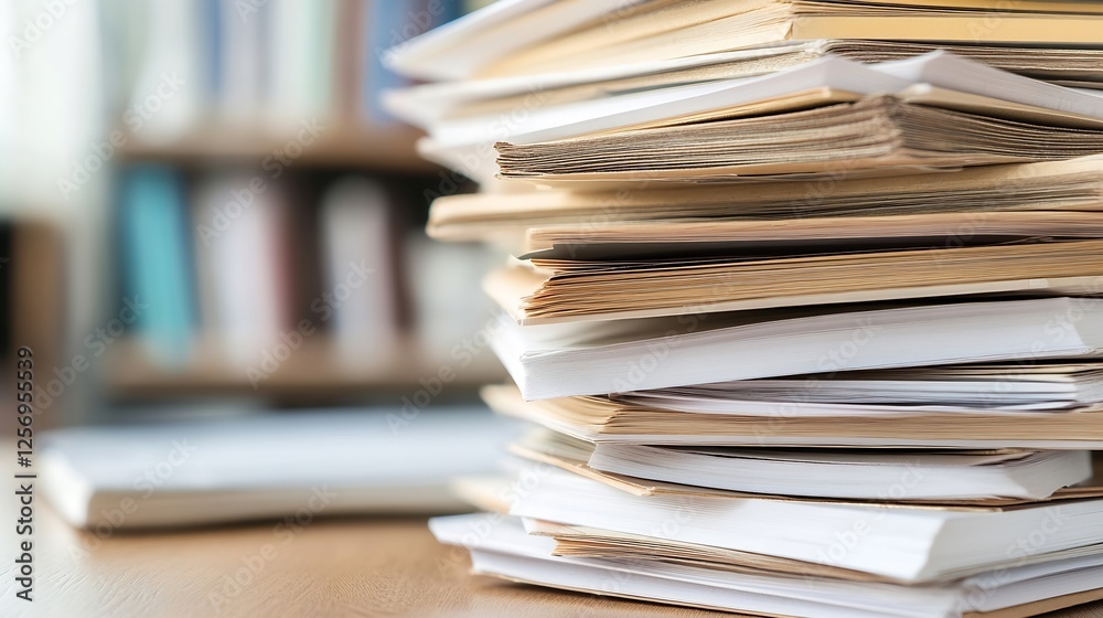 Stack of papers and documents on a wooden desk symbolizing organization and workspace environment : Generative AI Stack of papers and documents on a wooden desk symbolizing organization and workspace environment : Generative AI