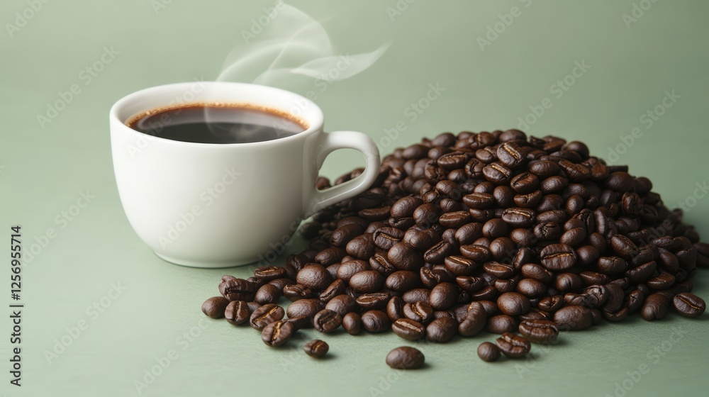 Fototapeta premium Steaming white coffee cup next to a mound of coffee beans on a wooden surface