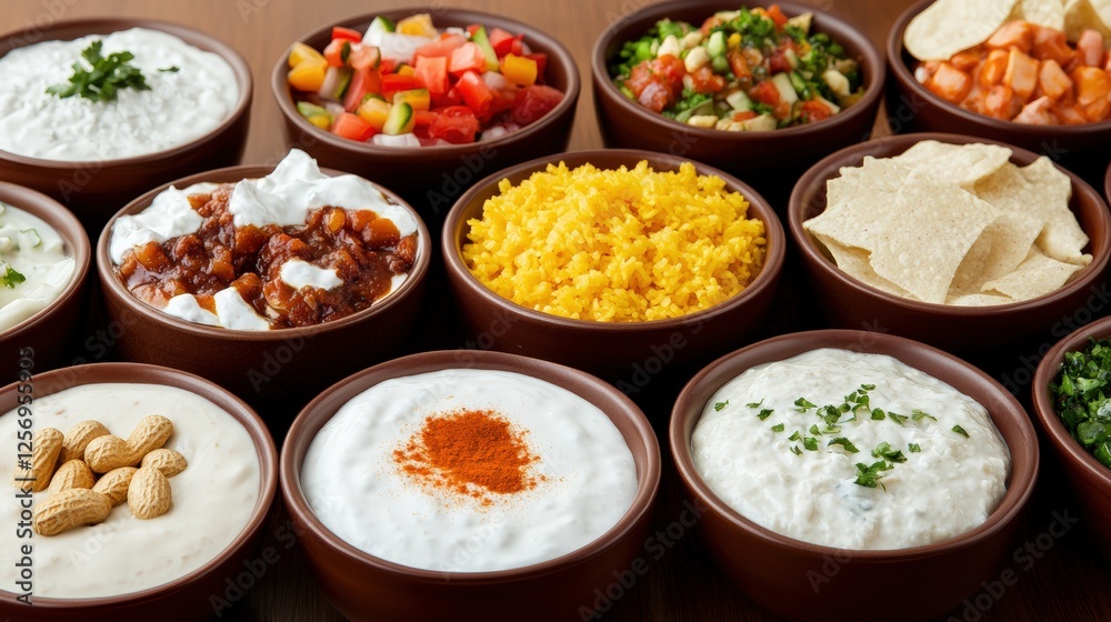 Table with an assortment of bowls filled with various dips for appetizers and snacks at a gathering Table with an assortment of bowls filled with various dips for appetizers and snacks at a gathering