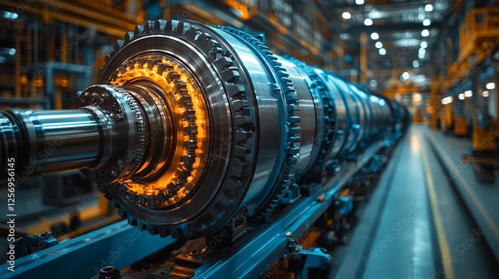 A dynamic close-up of industrial gears in motion, symbolizing the precision and complexity of mechanical engineering applications with a modern, bright tone and empty space for caption.


